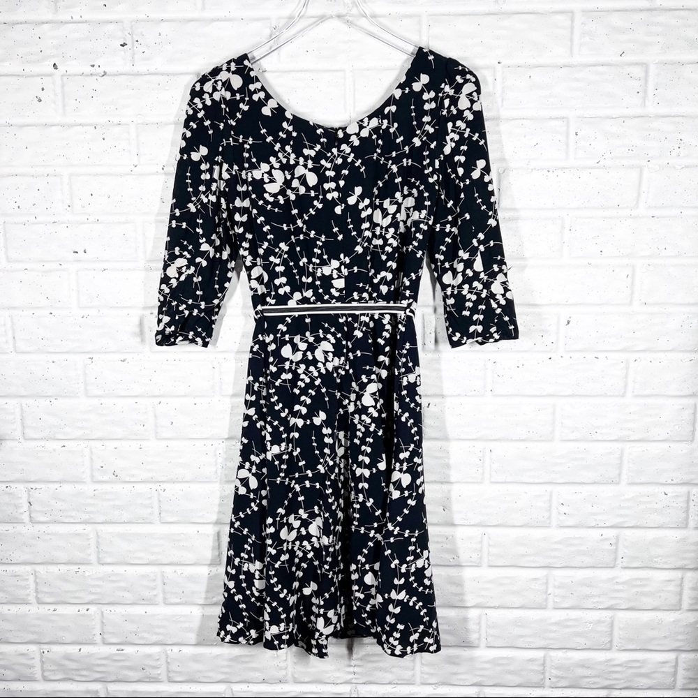 BODEN Black & White Floral Midi Dress with ribbon belt Size 2